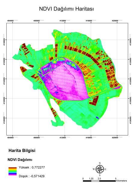 ): Termal bant ve NDVI kullanılarak yapılan hesaplamalara göre yüzey sıcaklığı en yüksek 48 C ile kuru tarım alanları ve meralarda gözlemlenirken en düşük yüzey sıcaklığı beklendiği gibi göl