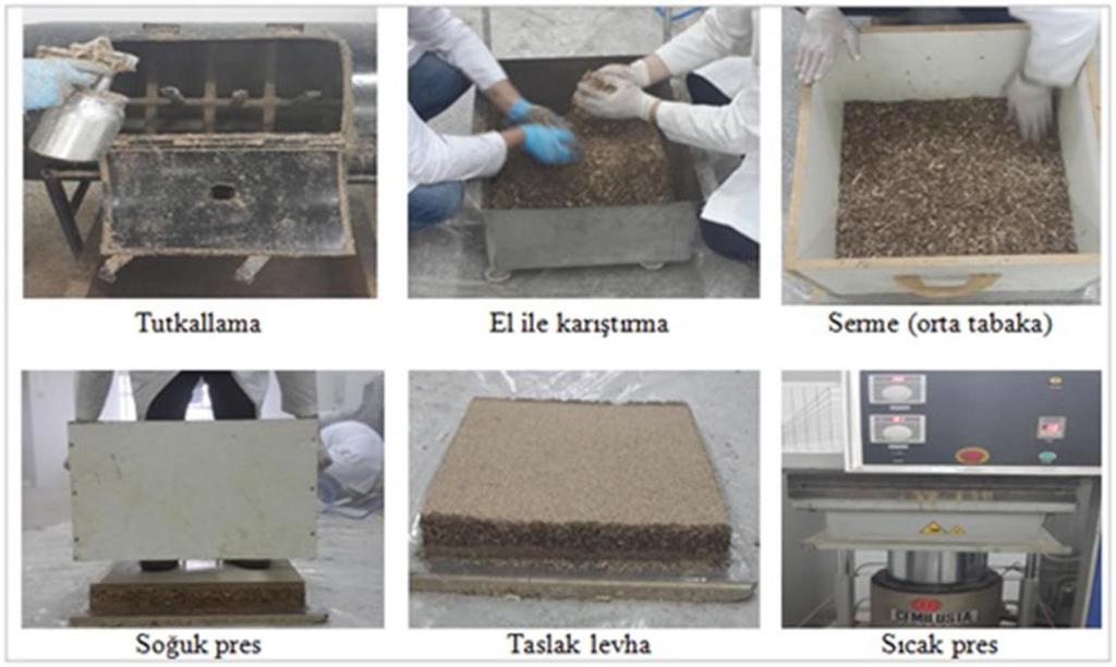 üzere tasnif edilmiştir. Tam kuru yonga ağırlığına oranla dış tabaka için %11, orta tabaka için ise %8 oranında üre formaldehit tutkalı kullanılmıştır.