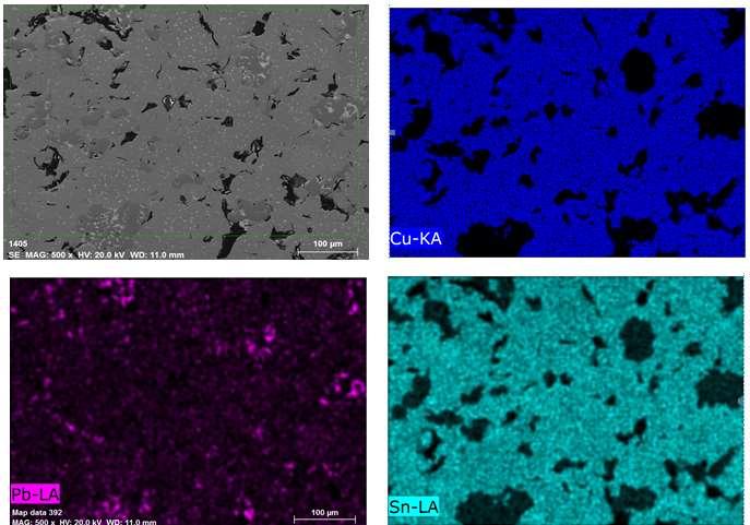 91 Resim 6.9 da bronz esaslı balata malzemesinin elementel dağılım haritası görülmektedir. Resimlerde bronz malzemeyi oluşturan bileşenlerin mikro yapı içerisinde dağılımı görülmektedir.