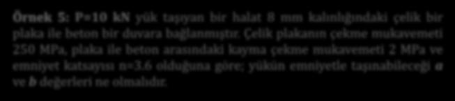 Çelik plakanın çekme mukavemeti 250 MPa, plaka ile beton arasındaki kayma çekme mukavemeti 2 MPa ve