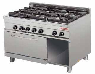 GR932 1275x900x900 203 1,44 6x8000+7500 3.888 Gas on 2/1 GN gas oven 6 burners Without tray and container GR922K+GR911 steel. LP or natural gas. Burners with pilot, safety valve and thermocouple.