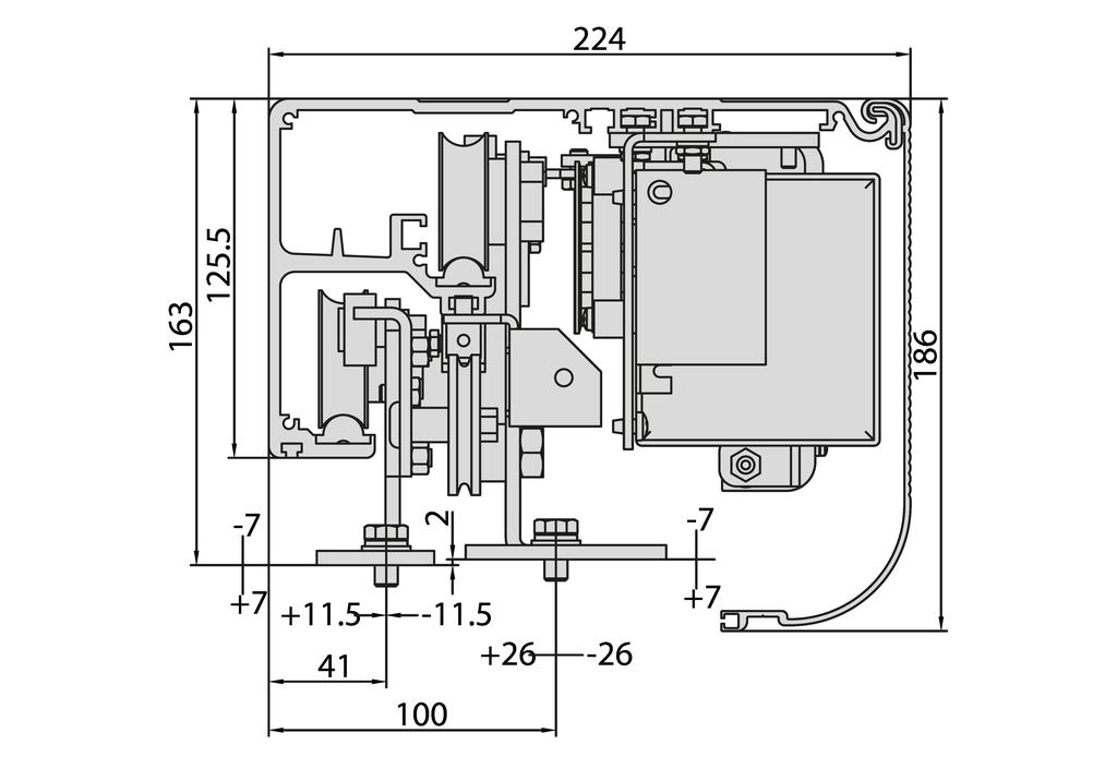 Kanat tipi yana kayar Kontrol ünitesi ARIA EVO Manuel manevra ters çevrilebilir Motor tipi dunker motor Motor beslemesi 24 V Limit sivici tipi kodlayıcı + açılmada mekanik durdurma Geçiş mesafesi.