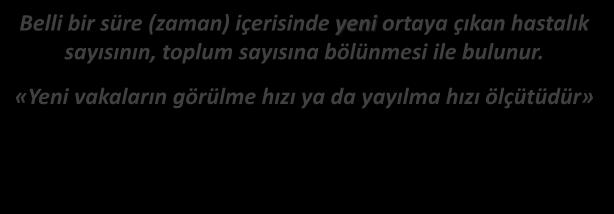 EPİDEMİYOLOJİ İNSİDANS / HIZ (RATE) [İnsidans Hızı] Belli bir süre (zaman) içerisinde yeni ortaya çıkan hastalık sayısının, toplum sayısına bölünmesi ile bulunur.