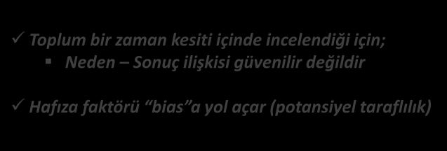 KESİTSEL ARAŞTIRMALAR (SURVEY) SAKINCALARI Toplum bir zaman kesiti içinde incelendiği için; Neden Sonuç ilişkisi güvenilir