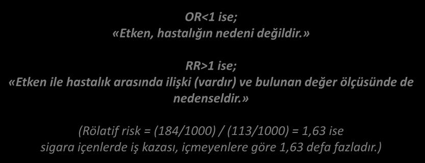 VAKA KONTROL ARAŞTIRMALARI TAHMİNİ RÖLATİF RİSK (RR TRR) OR<1 ise; «Etken, hastalığın nedeni değildir.