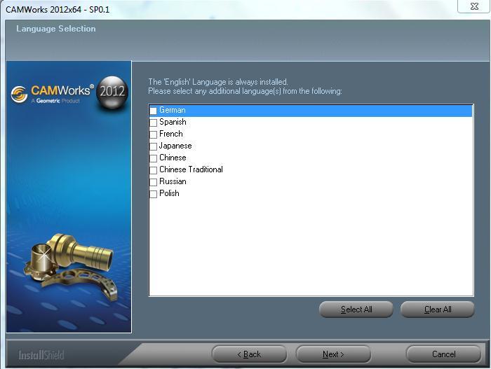 Bu ekran da CAMWorks ü kullanmak istediğiniz dil seçenekleri mevcuttur, eğer hiç birini
