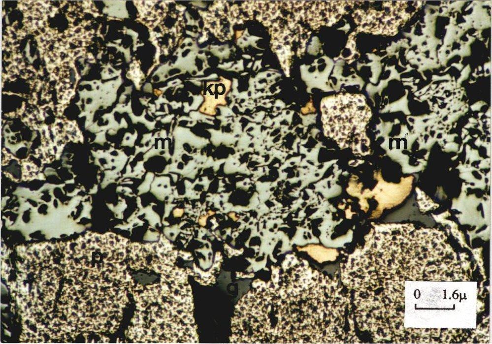 Kalkopirit Manyetit ve piritten sonra parajenezde kl kla rastlan lan kalkopiritler, öz ekilsiz olarak genelde birlikte bulunurlar. Manyetitlerin yo un oldu u kesimlerde ise, kalkopirit bollu u azal r.