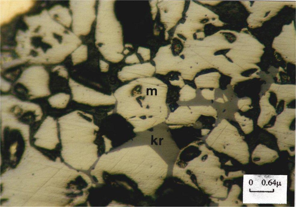 Pyrite (ligth yellow) transformed into marcasite (grenish yellow) along its fractures (p: pyrite, mr: marcasite, g: gangue, parallel (//) nichols). ekil 21.