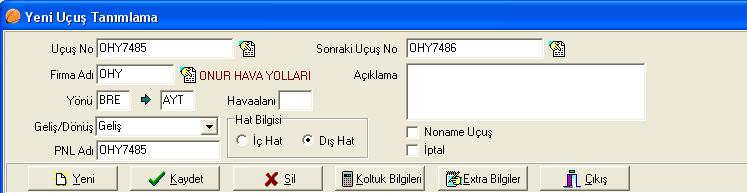 Uçuş sınıflarını belirlemek için Uçuş Firmaları ekranının altındaki Sınıf Tanımlama düğmesi kullanılır. Yandaki örnekte görüldüğü gibi sınıflara ait kod ve açıklama girilerek kaydedilir. 4.1.5.