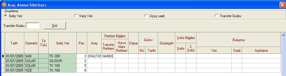 Bu tabloda araç ve rehber atamada birkaç değişik yol bulunmaktadır; 1-) Satır üzerindeyken Enter tuşuna basarak ve F2 tuşuyla araç, rehber ve şoför seçerek araç ve rehber ataması yapılabilir.