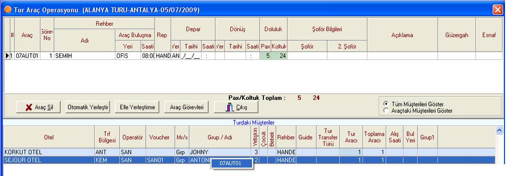 Tur Araç Operasyonu ekranında üstte araçlar altta da tura katılan müşterilerin listesi bulunur. Tura çıkacak araçlar, rehber ve bunların buluşma yeri ve saati girilir.