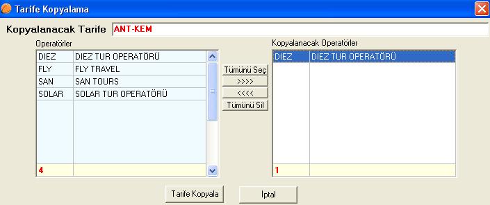 Yeni tarife girmek için Yeni düğmesine tıklatıldığında Transfer tarifesi mi oluşturacaksınız? diye bir soru sorar. Tur tarifesi girmek için Hayır seçeneği işaretlenir.