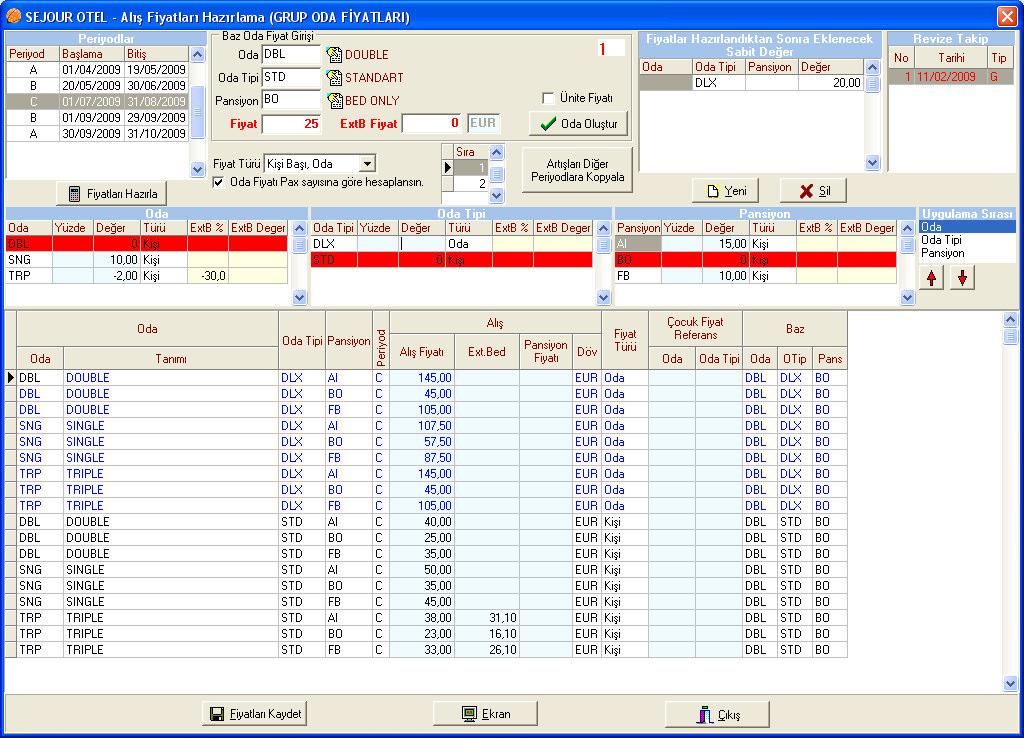 2.6. Grup Oda Fiyatları Otel grup oda fiyatlarını hazırlamak için Oteller Oteller menüsünden ilgili otel üzerinde çift tıklatılarak, ilgili ana sezon seçilir. Burada alttaki düğmelerden Grup Oda Fiy.