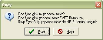 Normal oda fiyatlarındaki gibi oda/konaklama tipi, oda tipleri, pansiyonlar, periyotlar, kontenjanlar ve faturalama bilgisi, gruplar için oda fiyatı girilmeden önce tanımlanmalıdır. 2.6.1.