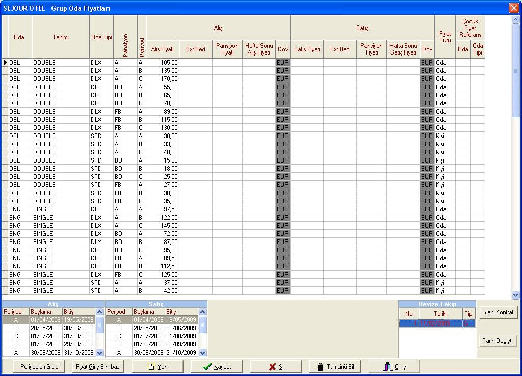 Görüldüğü gibi sistem, grup fiyatlarını 1 revize numarasıyla kaydetti. 0 revize numarası ise normal oda fiyatlarına aittir. 2.