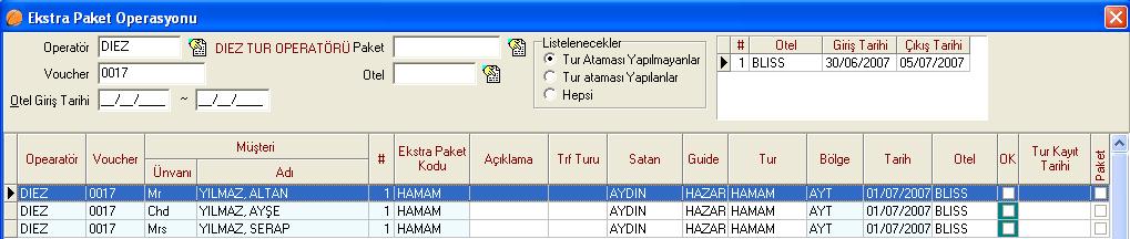 Tur Pending düğmesine tıklatıldığında, paketler, tur rezervasyonu sayfasına gönderilmek üzere Tur Ataması Yapılmayanlar sayfasında bekler.