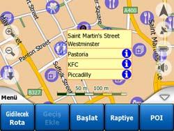 5 Açılan Bilgi (düğme) Bu özellik etkinleştirilirse, herhangi bir harita ekranında ekrana dokunulduğunda (İmleç etkinleşir, kırmızı nokta yayar), seçili cadde adı, bina numarası ve
