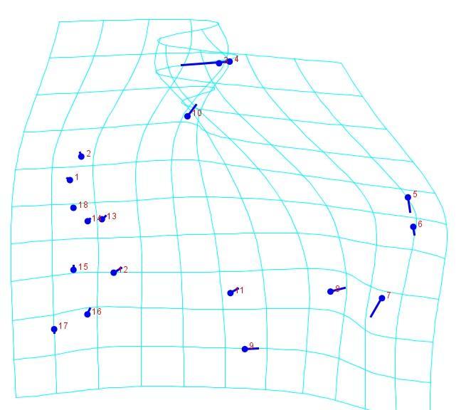 Şekil 68. Birinci temel bileşen için şekil farklılığının landmark bazında gösterimi. 1. Glabella, 2. Supraglabellare, 3. Bregma, 4. Vertex, 5. Lambda, 6. Opisthocranion, 7. Inion, 8. Asterion, 9.