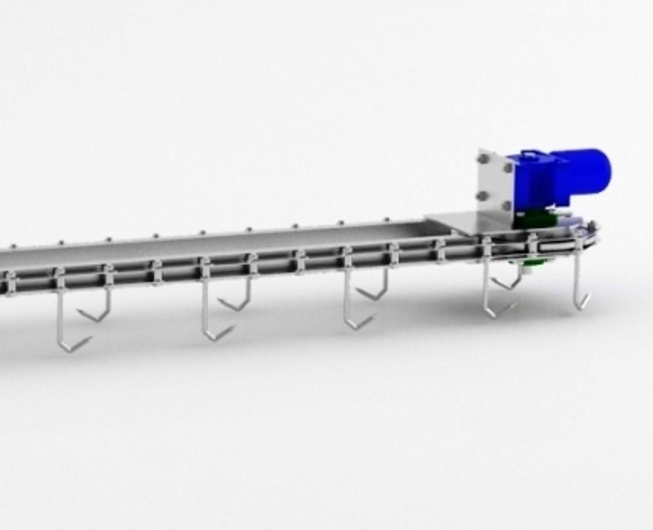 Ve hatvesi en az 100 mm olacaktır. En az 17 adet ciğer kancası bulunacaktır. Bu kanca 10 mm çapında 304 kalite paslanmaz crom olacaktır. 1.1 kw motor redüktör ile tahrik edilecektir.