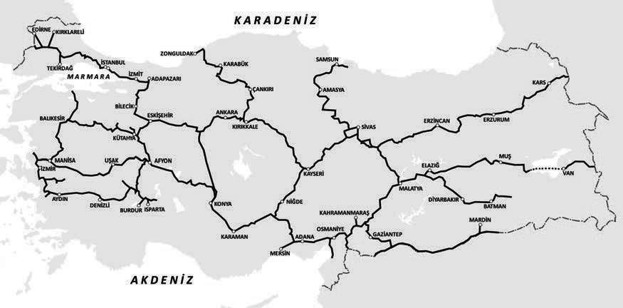 Şekil 3.2: Türkiye demiryolları ağı. Türkiye demiryolu ağında, 2011 yılında 59,5 milyonu banliyö trenlerinde olmak üzere toplam 86 milyon yolcu taşınmıştır.