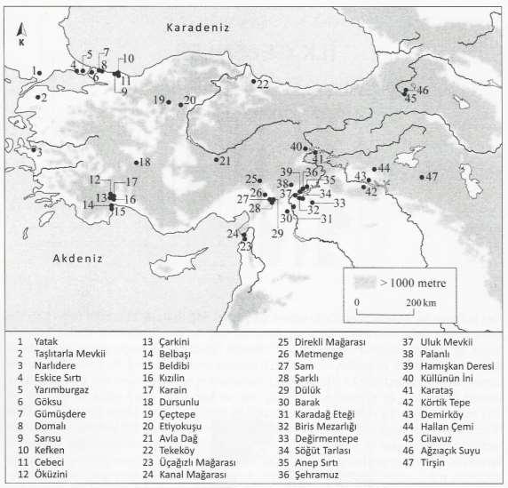 4 Harita 1. Türkiye Paleolitik ve Epipaleolitik çağ yerleşim yerleri (Sagona ve Zimansky, 2015).