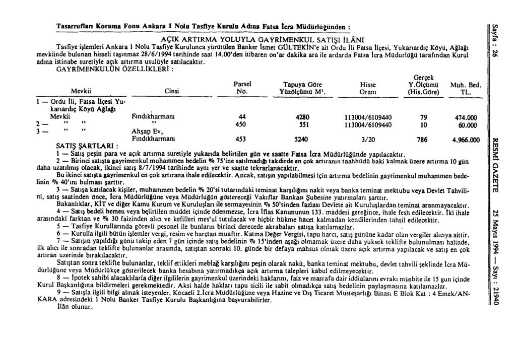 Tasarrufları Koruma Fonu Ankara 1 Nolu Tasfiye Kurula Adına Fatsa icra Müdürlüğünden : AÇIK ARTIRMA YOLUYLA GAYRİMENKUL SATIŞI İLÂNI Tasfiye işlemleri Ankara 1 Nolu Tasfiye Kurulunca yürütülen Banker