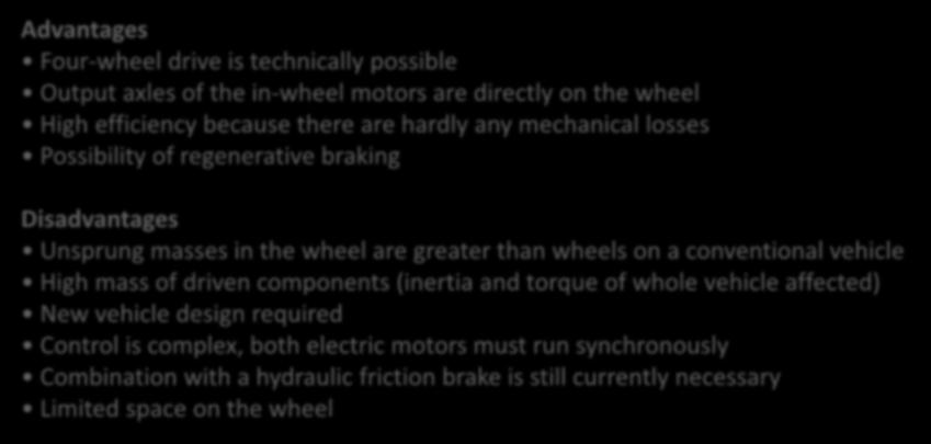 Drive Train Configurations Advantages Four-wheel drive is technically possible Output axles of the in-wheel motors are directly on the wheel High efficiency because there are hardly any mechanical