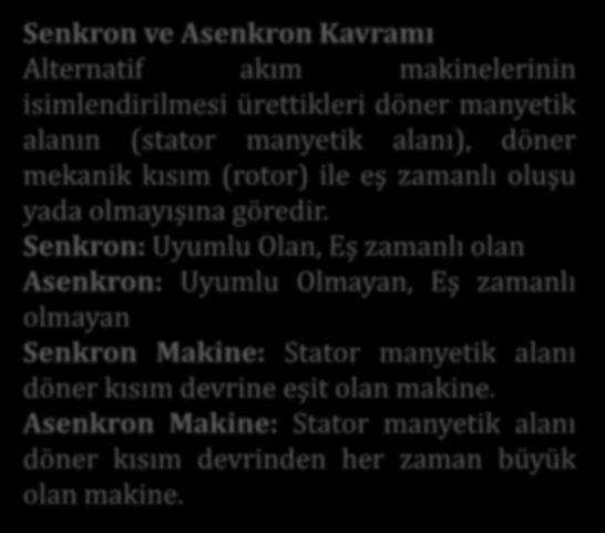 ELEKTRİK MOTORLARI Senkron ve Asenkron Kavramı Alternatif akım makinelerinin isimlendirilmesi ürettikleri döner manyetik alanın (stator manyetik alanı), döner mekanik kısım (rotor) ile eş zamanlı