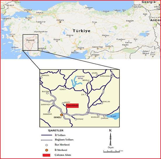 Şekil 1.1. Çalışma alanının yer bulduru haritası. Pamukkale ve diğer alanlardaki jeotermal kaynaklarda, termal turizme büyük yarar sağlamaktadır.