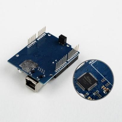 [9] Arduino, Ethernet Shield işlemcisi olan Wiznet W5100 ile ve SD kart SPI hattı üzerinden haberleşmektedir. Bu pinler UNO'da 11,12 ve 13, MEGA'da 50,51 ve 52. pinlerdir.