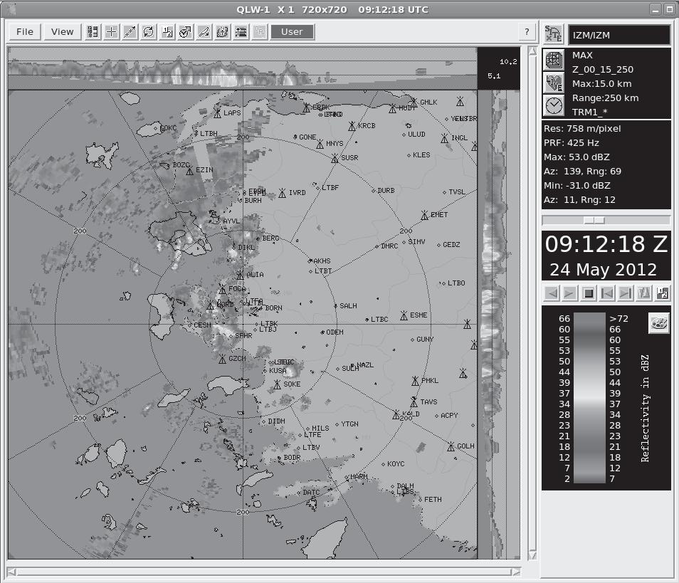 Takn ve Heyelan Sempozyumu / 24-26 Ekim 2013, Trabzon - 151 - ekil 7: 24 Mays 2012 tarihindeki bir zmir radar MAX reflektivite görüntüsü (6 dakikada bir