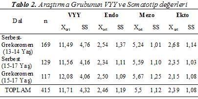 Araştırma grubundan elde edilen VYY parametrelerine ilişkin norm değerleri tablo 4 de verilmiştir.