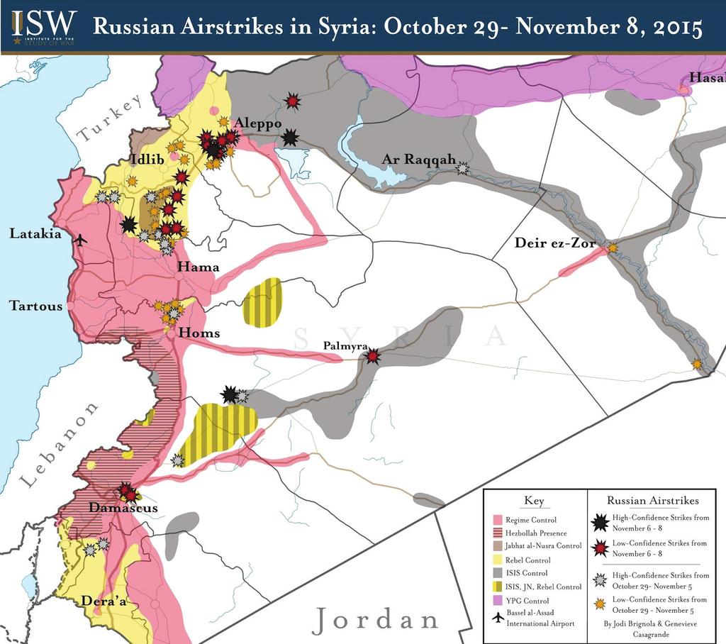 SURİYE n 201 Şekil 1: 29 Ekim-8 Kasım 2015 arasında Rusya nın Suriye topraklarında gerçekleştirdiği hava saldırıları Kaynak: ISW (Son Erişim tarihi: 15 Şubat 2016) Rusların rejimle koordineli bir