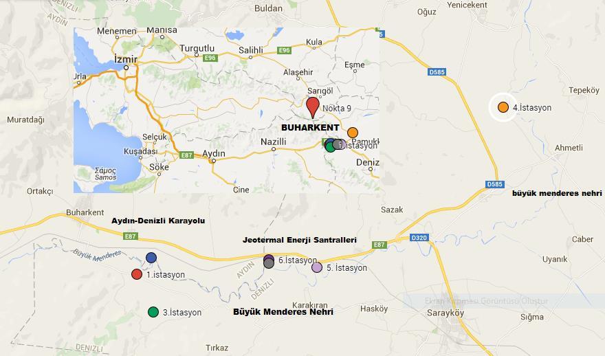 46 MATERYAL VE YÖNTEM Materyal Ġstasyonların Tespiti Kızıldere jeotermal sahası, Denizli nin 40 km batısında Sarayköy ilçesi yakınlarında, Büyük Menderes nehrinin batı ucunda yer alır (Serpen vd.