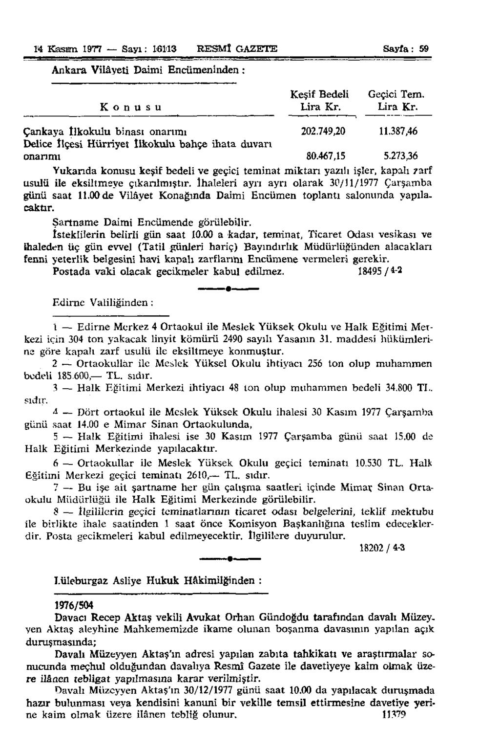 14 Kasım 1977 Sayı : 1<61<13 RESMÎ GAZETE Sayfa : 59 Ankara Vilâyeti Daimi Encümeninden : K o n u s u Keşif Bedeli Lira Kr. Geçici Tem. Lira Kr. Çankaya ilkokulu binası onarımı 202.749,20 11.