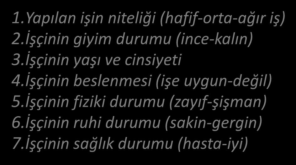 Yapılan işin niteliği (hafif-orta-ağır iş) 2.İşçinin giyim durumu (ince-kalın) 3.İşçinin yaşı ve cinsiyeti 4.