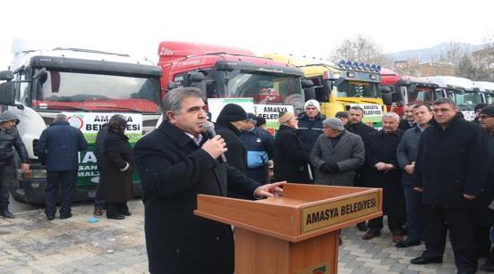 Amasya Belediyesi ve Hayatcan Derneği nin Halep te yaşanan insanlık dramına duyarlı davranarak organize ettiği yardım kampanyası için yapılmış olan yardımlarla hazırladığı 10 tır gıda ve ihtiyaç