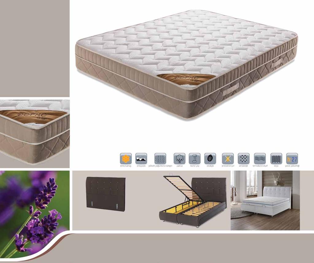 Defne CRD 1009 * 1 m2 de 150 adet bonel yay kullanılarak yatağınız daha konforlu bir hale getirilmiştir. * Yatağınız 280 gr/m2 doğal lavanta özlü kumaşla kapitone edilmiştir. Ferahlatıcıdır.