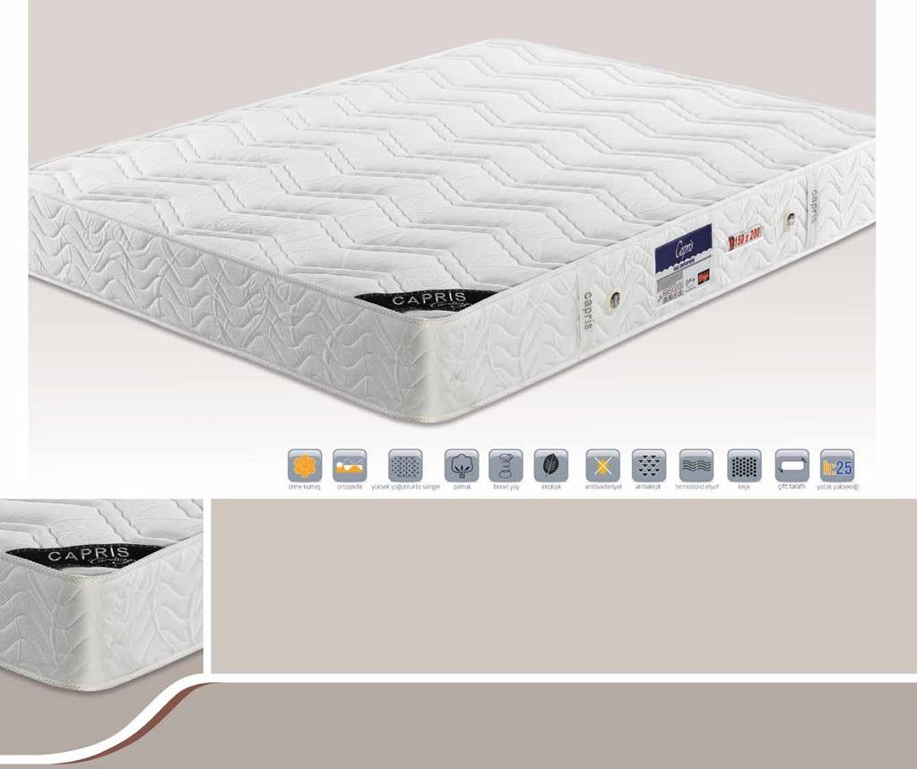 Capris CRD 1018 * 1 m2 de 150 adet bonel yay kullanılarak yatağınız daha konforlu bir hale getirilmiştir * Yatağınızda özel dokunmuş örme kumaş, slikonlu elyaf ve elastik sünger ile