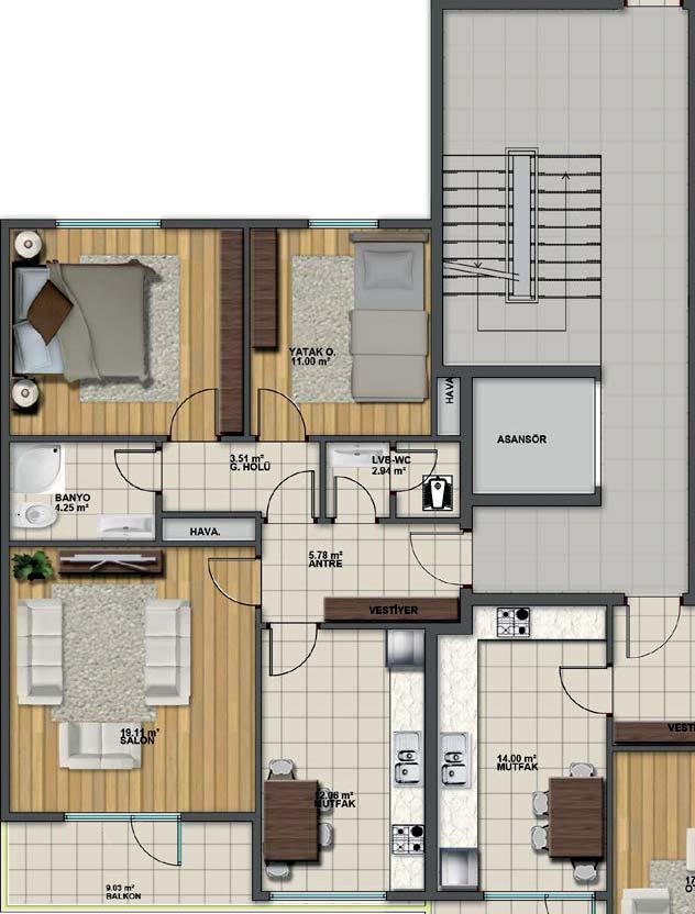 2+1 C-D BLOK KAT PLANI DAİRE BRÜT ALAN : 108,00 m2 GENEL BRÜT ALANI :148.