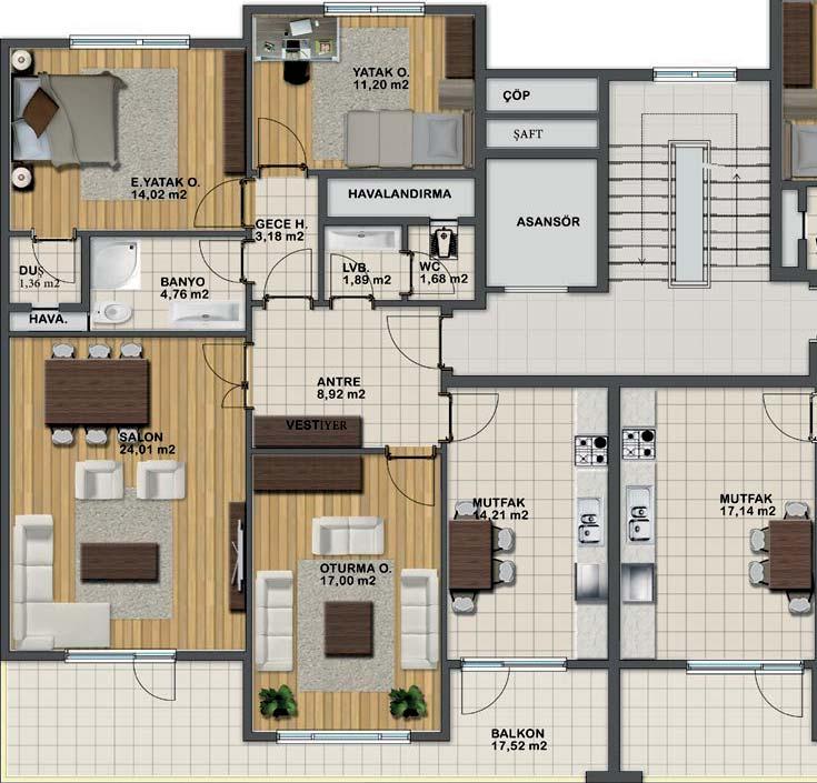 3+1 A BLOK KAT PLANI DAİRE BRÜT ALAN : 155,00 m2 GENEL BRÜT ALANI : 195.