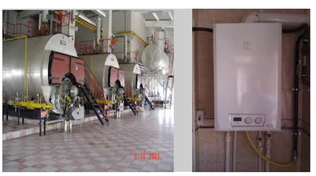 Şekil 1.8. Merkezî Isıtma tesisatı (solda), lokal ısıtma tesisatı (sağda) d-sıhhi tesisatlar Temiz su, pis su, yangın tesisatı gibi sistemlerde kullanılan tesisatlardır.