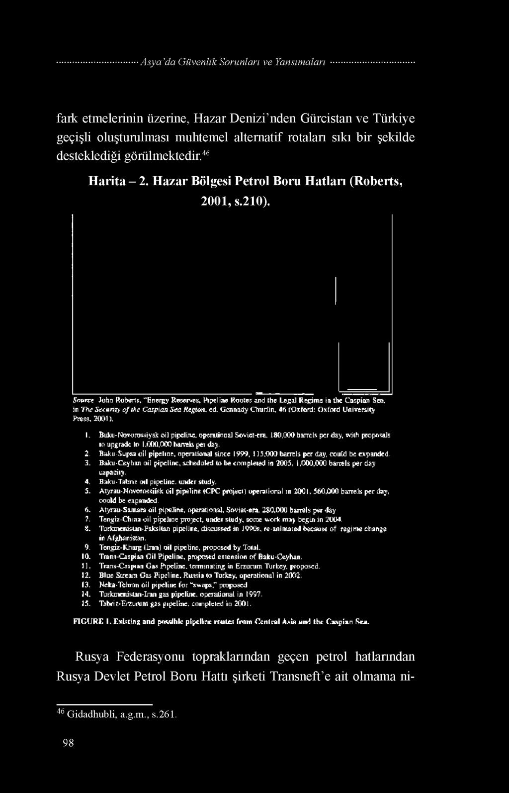 Baku-Tabnz oil pipeline. under study. 5. Atyrau-Novorossiisk oil pipeline (CPC projeci) operalional ın 2001» 560,000 barrels per day, could be eapanded. 6.