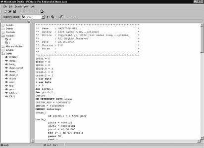 başladığında ilk sayı h 00 olduğundan TIMER0; 256 µs x 256 = 65536 µs(65.5ms) aralıklarla kesme sinyali verecektir. 2.2.10 Microcode Studio PIC BASIC PRO programlama dilinde yazılan bir program Microcode Studio programında derlenmektedir (compile).