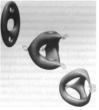 Şekil 10.4 Orbifolding, bir Calabi-Yau şeklinden yola çıkılıp o şeklin üzerindeki çeşidi noktaların birleştirilip yeni bir Calabi-Yau şeklinin elde edilmesi sürecidir.