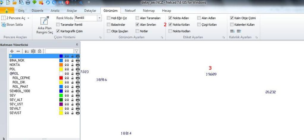 Şekil 35 Ölçüm noktaları örnekte NOKTA tabakasına kayıtlıdır.