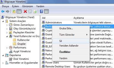 Yerel grubu silme Bilgisayar Yönetimi\Sistem Araçları\Yerel Kullanıcı ve Gruplar\Gruplar Silmek istediğiniz grubu sağ tıklatıp ardından Sil'i tıklatın.