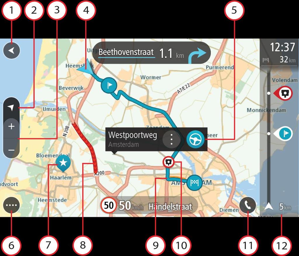 Ekrandaki öğeler Harita görünümü Planlanmış bir rotanız yokken harita görünümü gösterilir. VIA cihazınız GPS konumunuzu bulduğunda gerçek konumunuz gösterilir.