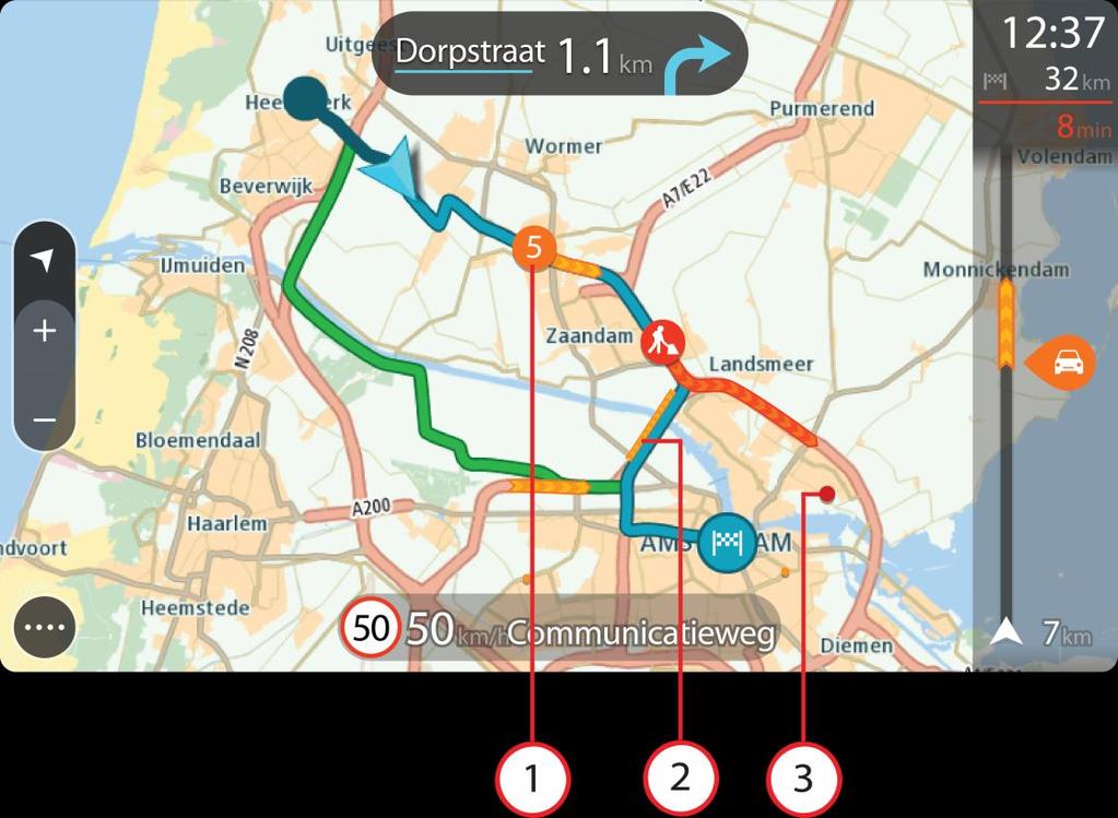 İpucu: Daha ayrıntılı bilgiler görüntülemek için haritadan bir olay seçin. 1. Seyahat yönünüzdeki rotayı etkileyen trafik olayı.