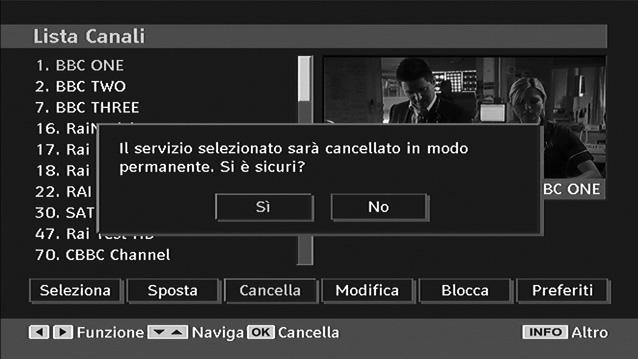 Premere il tasto o per selezionare la voce Elimina (Delete) nel menu Elenco canali (Channel List). Premere OK per eliminare il canale evidenziato nell elenco canali.